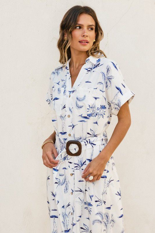 Vestido midi blanco print azul